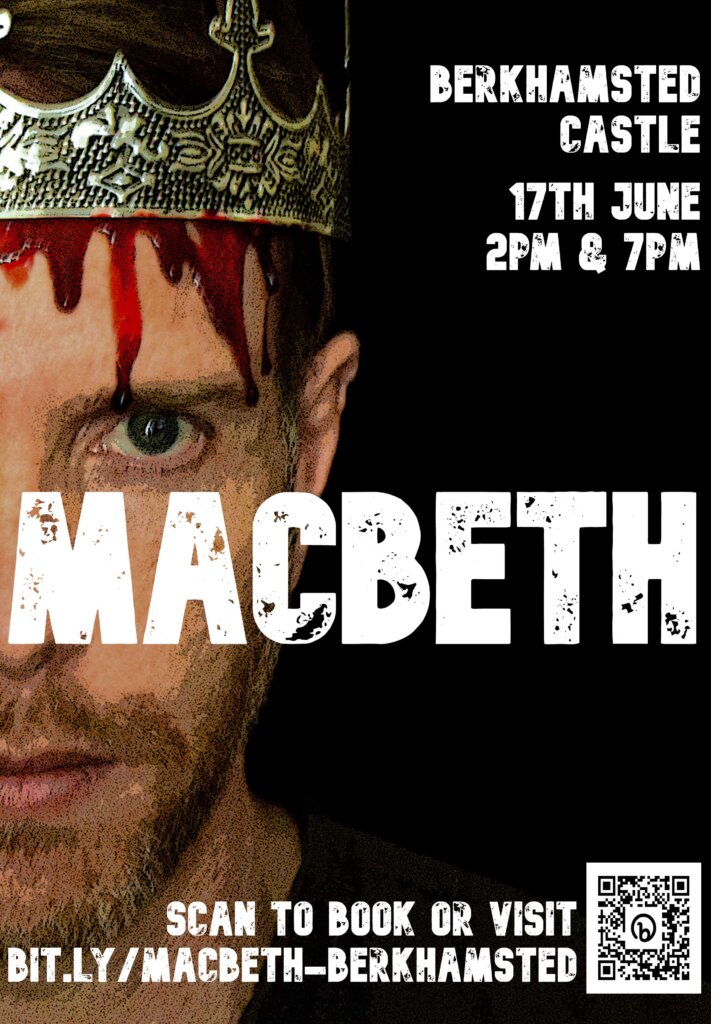 Macbeth in a blood-soaked crown against a black background 