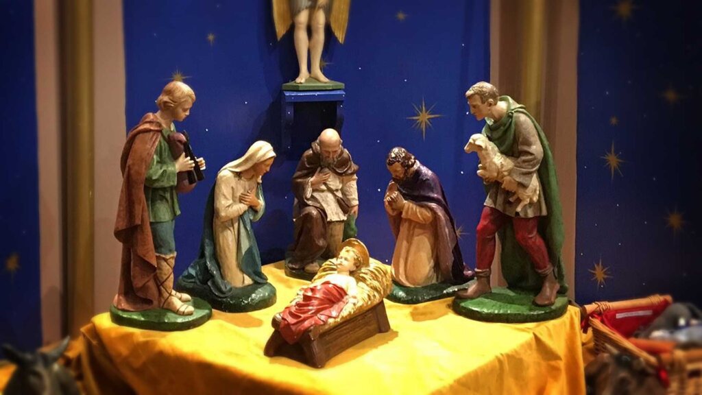The Nativity, shepherds pay tribute to baby Jesus. 